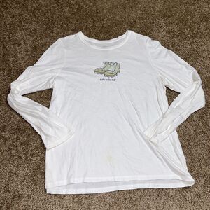 Life Is Good Womens Casual Top Hiking Boots White Graphic Long Sleeve Large